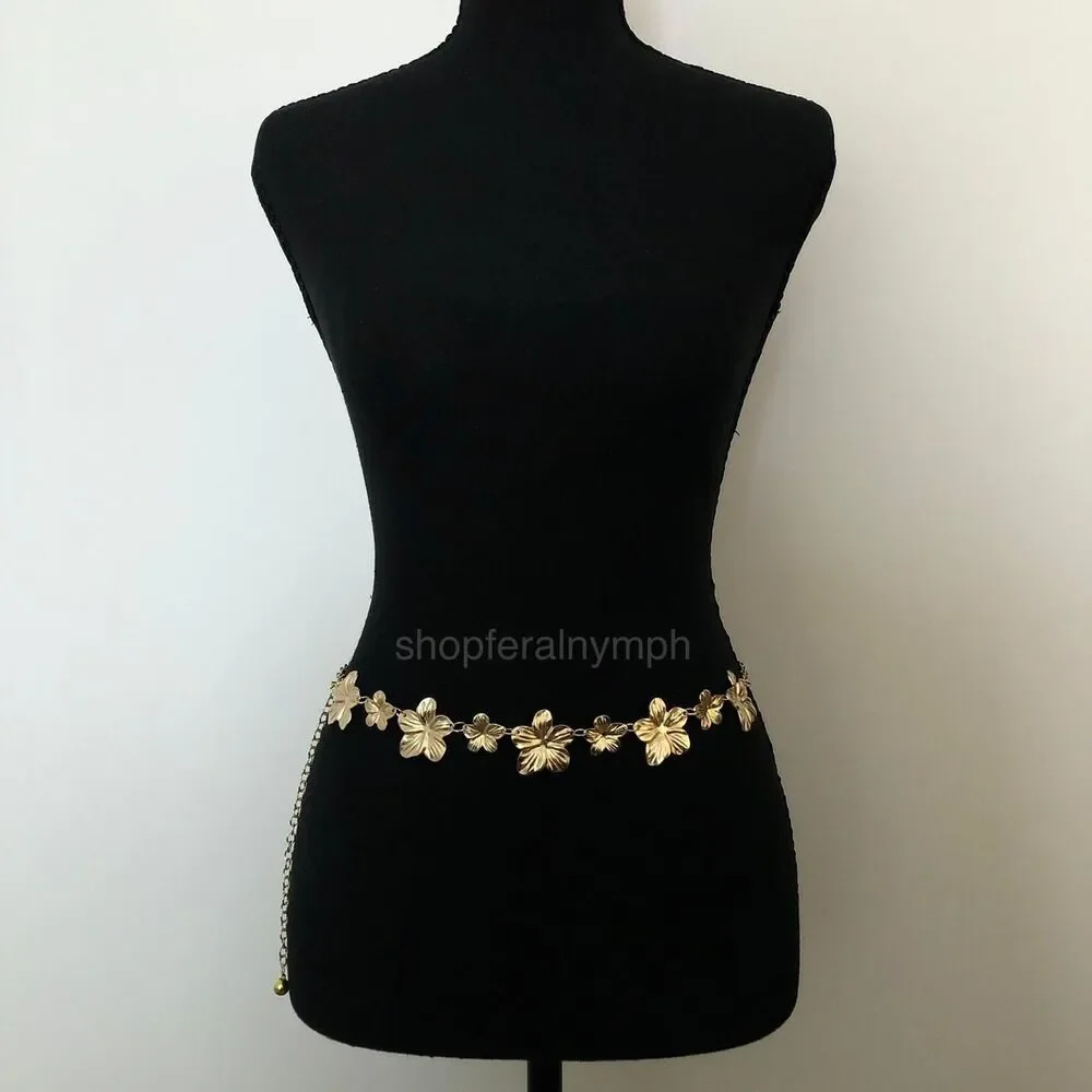 Vintage Y2K Boho Gold Flower Chain Belt, Fits 12.5–36 Inches, X7GA1179
